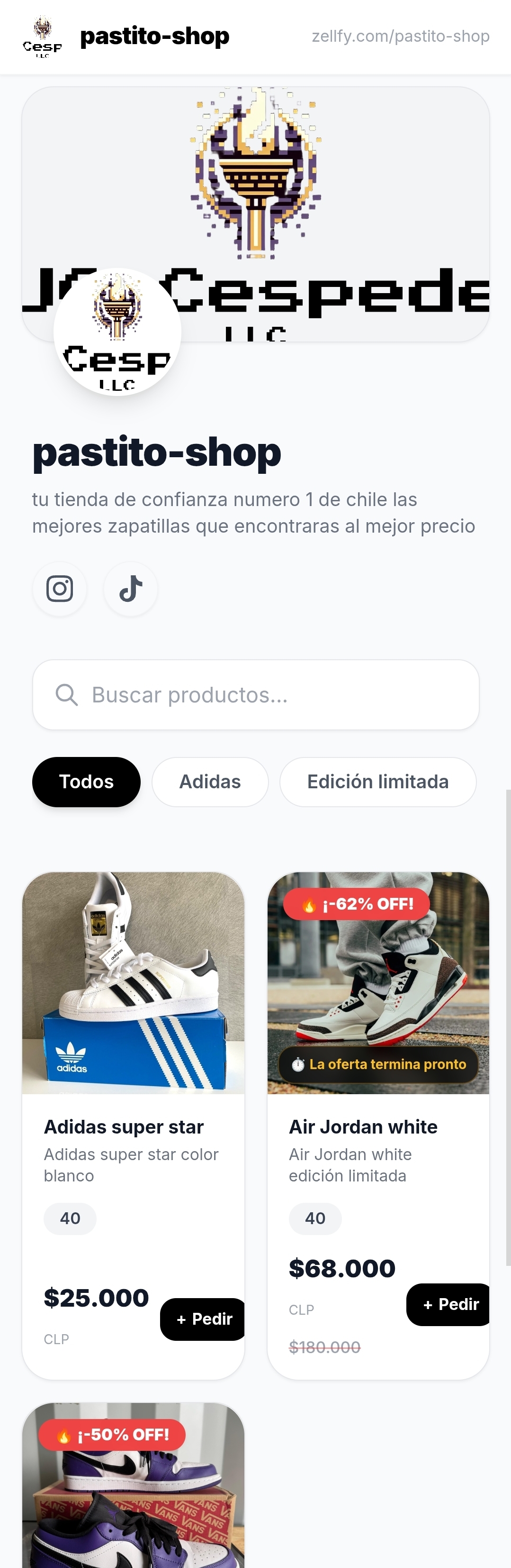 Vista previa de una tienda Zellfy en el celular